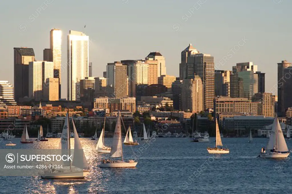Seattle Skyline with sail boats on Lake Union during the Duck Race Washington State USA