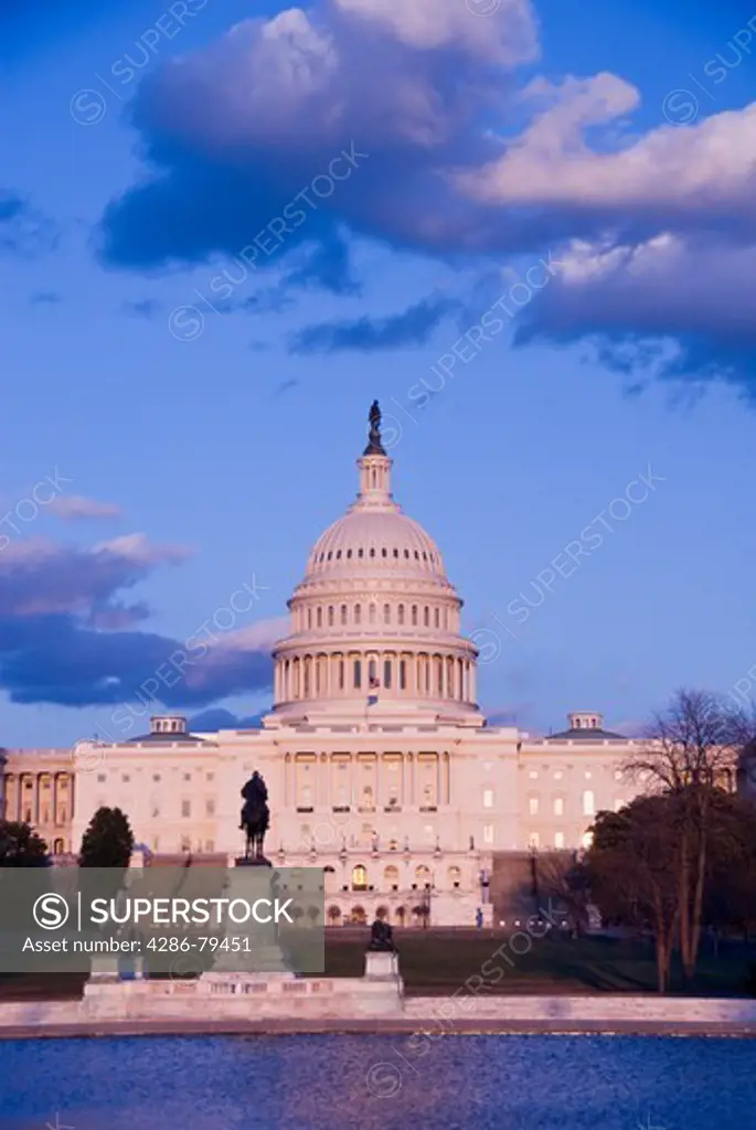 Washington D. C., Captiol Building, dramatic sky, pool in front