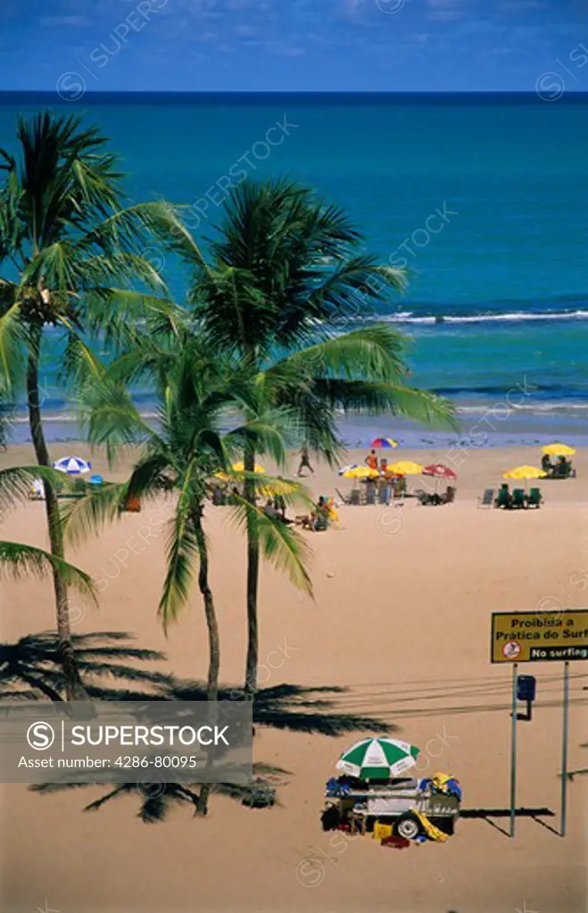 Boa Viagem Beach with bilingual Portuguese - English sign saying No Surfing, Recife, Pernambuco, Brazil