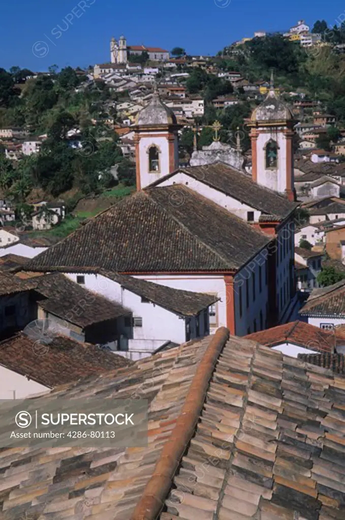 Roofs and churches in Ouro Preto, center of gold mining during 18th-century gold mining boom in colonial Brazil, Minas Gerais, Brazil