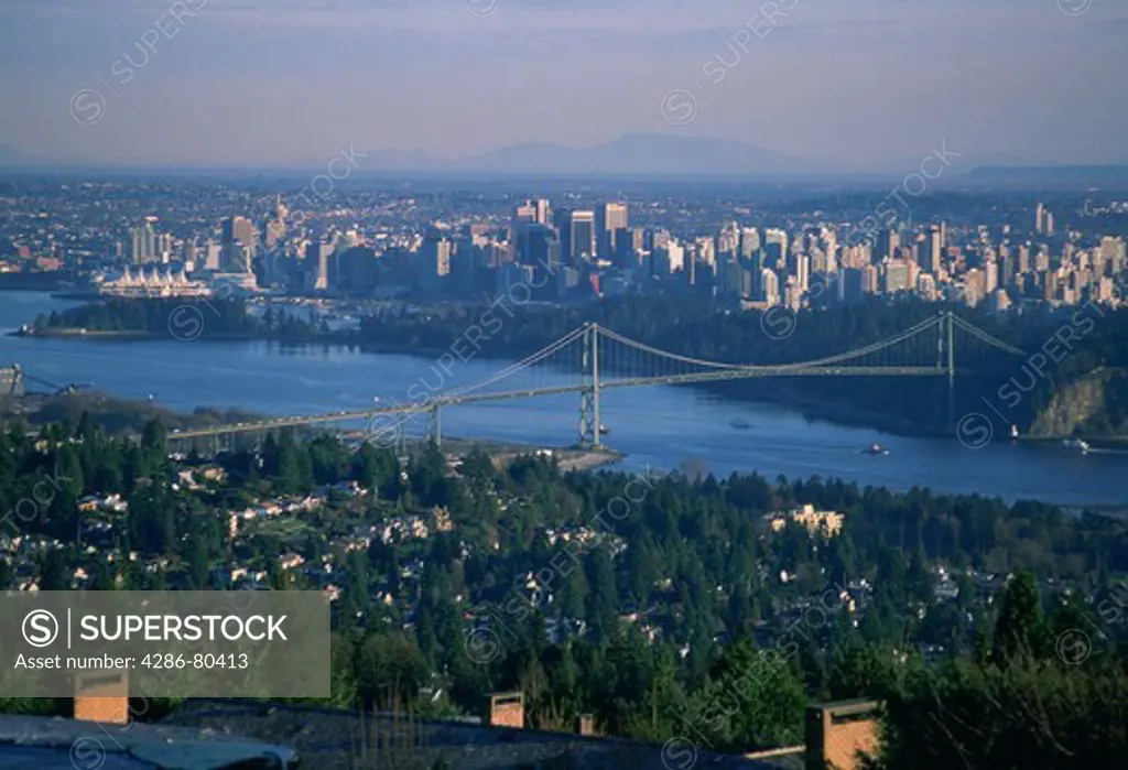 Aerial view of Lions Gate Bridge, Vancouver, British Columbia, Canada
