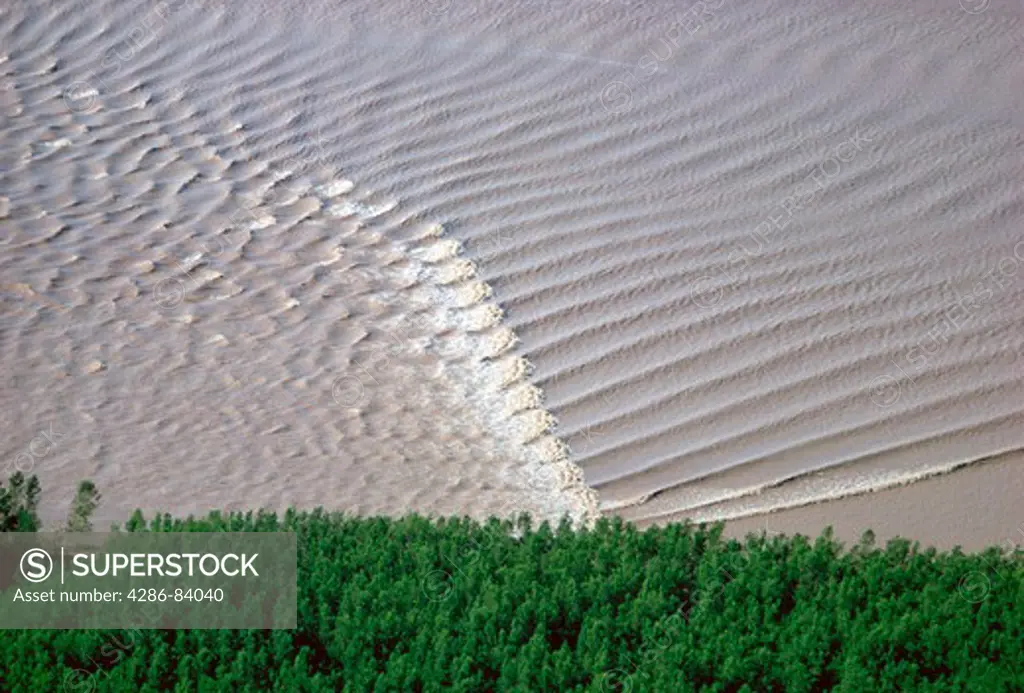 Ocean tidal bore (wave), or pororoca (big roar) sweeps upstream against the Amazon River's flow in Brazil.