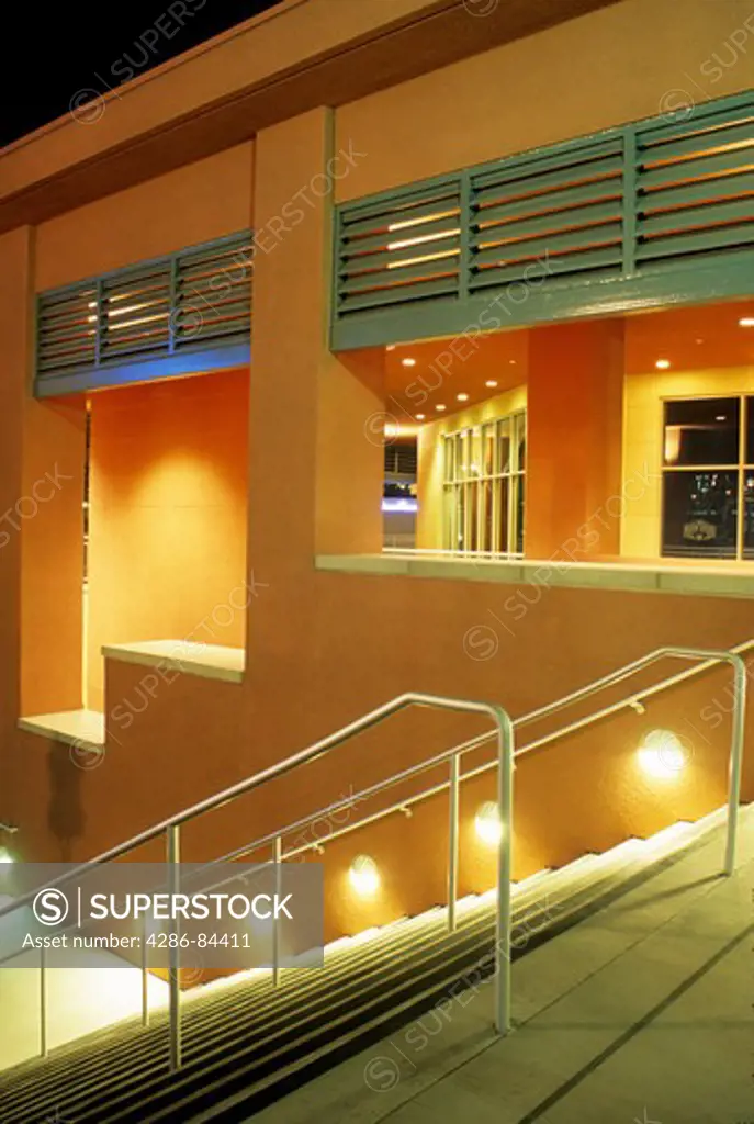 Night lighting steps at The Pike shopping mall, Long Beach, California
