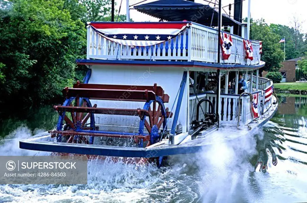Paddlewheel riverboat Suwanee under way at Greenfield Village in Dearborn near Detroit Michigan