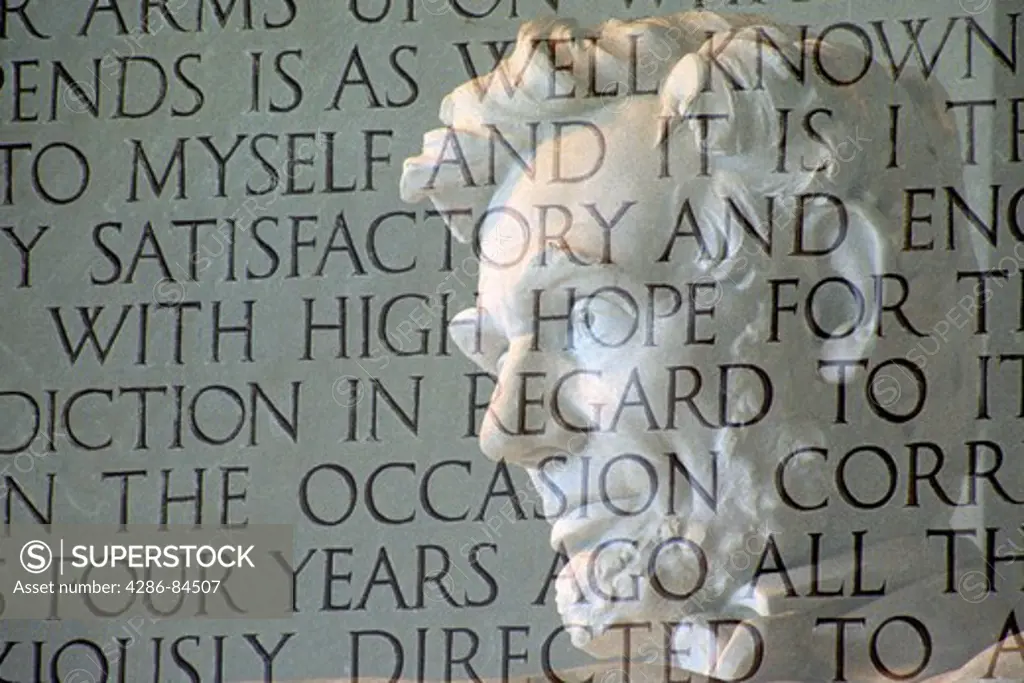 Double exposure words and statue Lincoln Memorial Washington DC