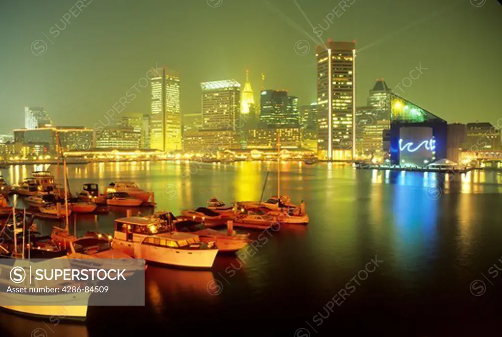Inner Harbor night lighting Baltimore Maryland
