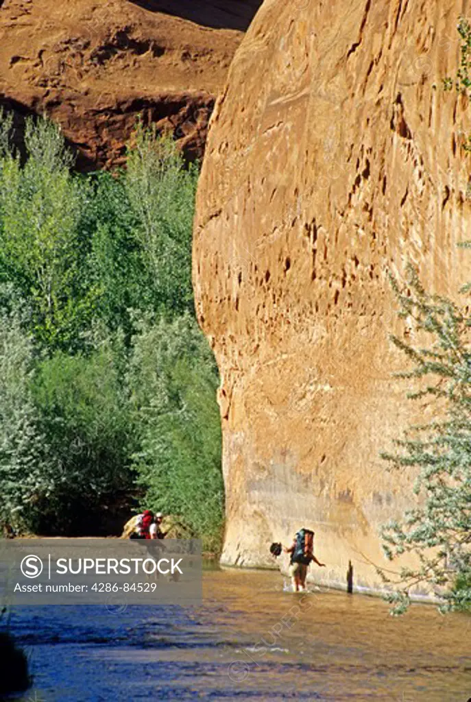 Couple backpacking base of cliff Escalante River in Glen Canyon National Recreation Area Utah