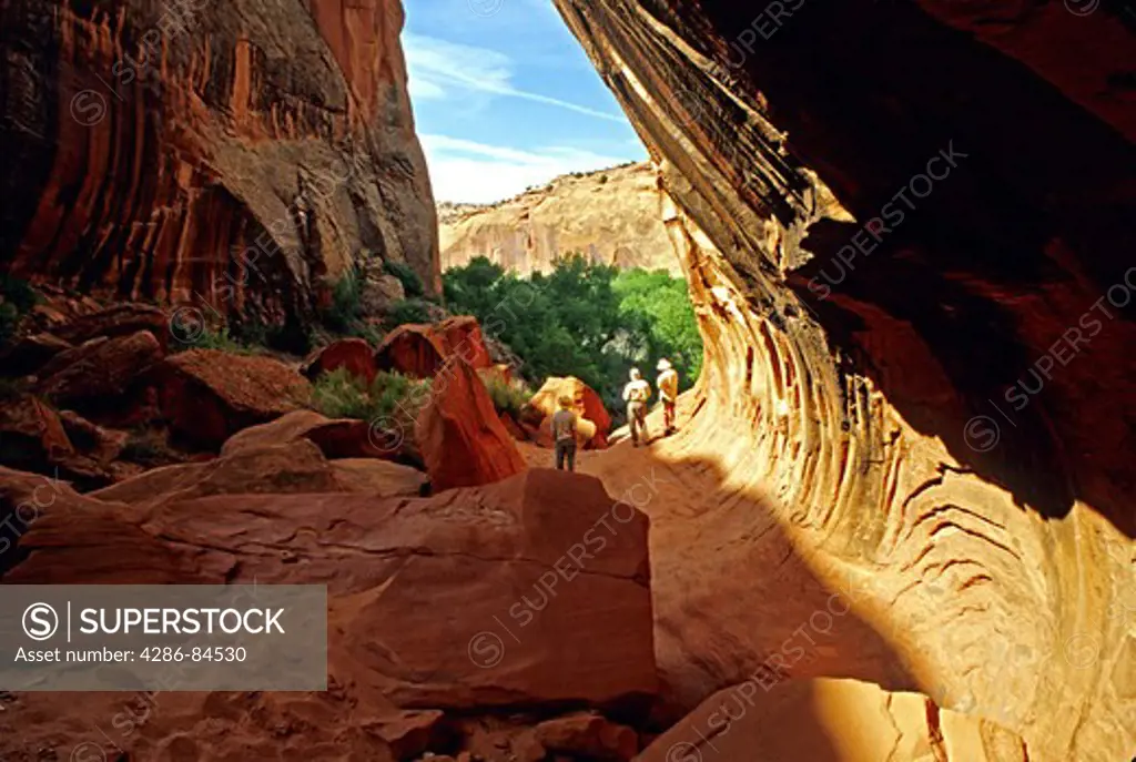 Hikers in Ringtail slot canyon on Escalante River in Glen Canyon National Recreation Area, Utah