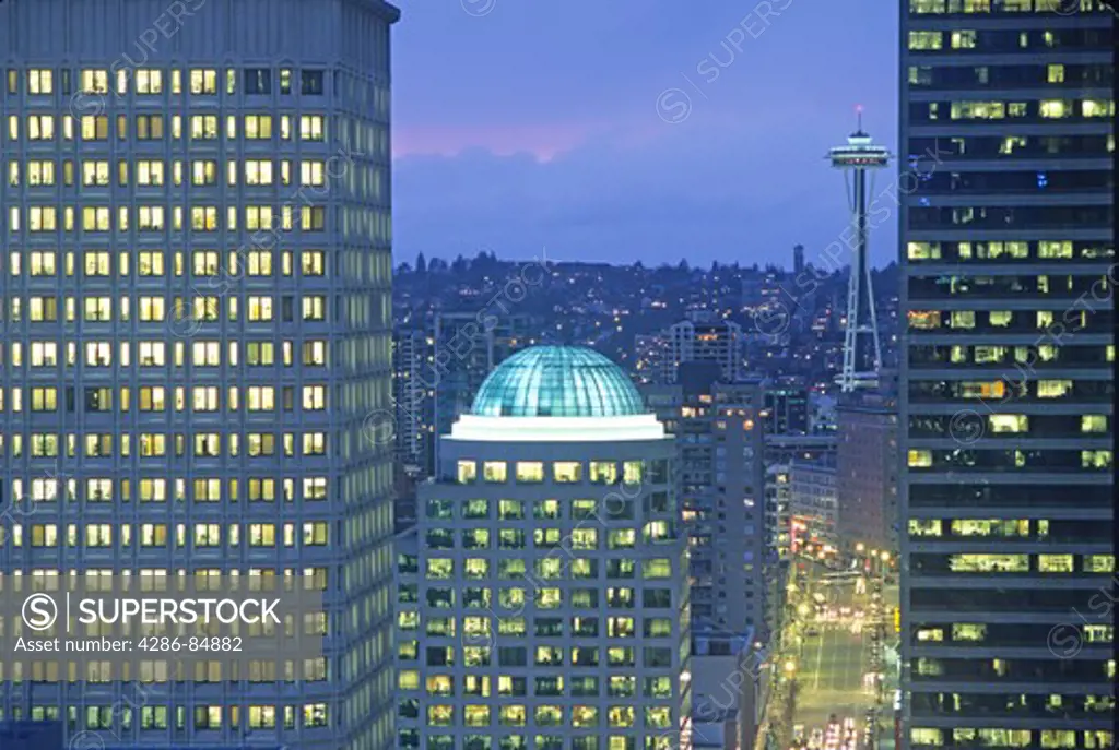 Downtown buildings and lighting from elevated view Seattle Washington state