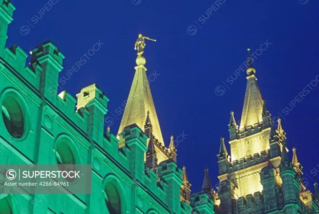 Mormon Temple steeple Maroni statue night Salt Lake City Utah