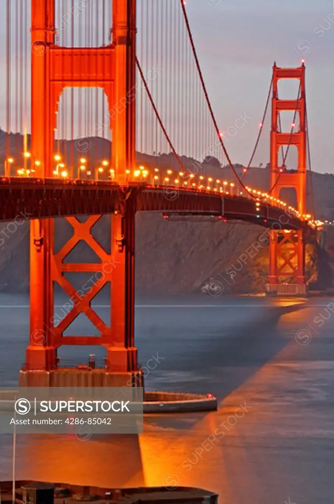 Golden Gate Bridge at night looking north to Marin county San Francisco California