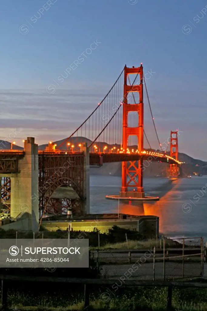 Golden Gate Bridge at night looking north to Marin County San Francisco California