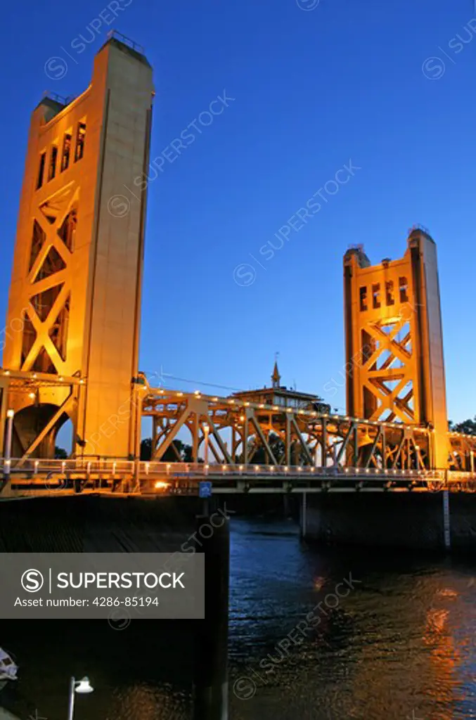 Evening lighting Tower Bridge in Old Sacramento California