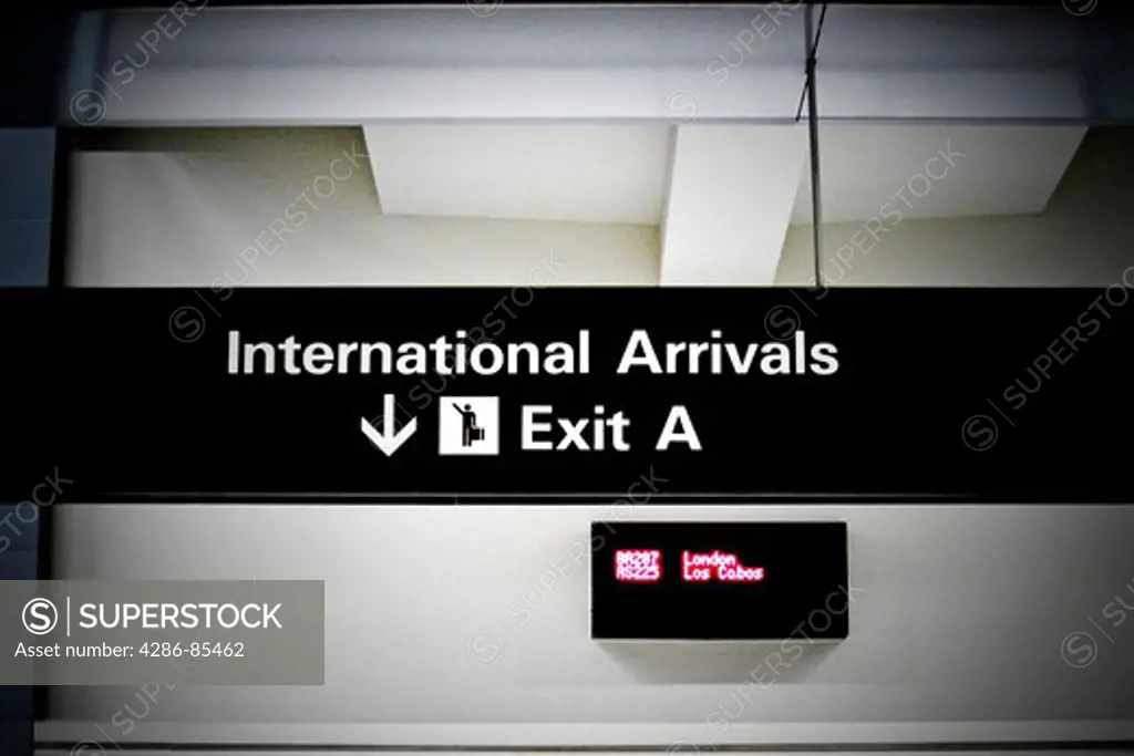 International Arrivals sign at San Francisco International Airport, California, USA