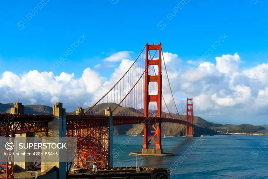 View of the Golden Gate Bridge as viewed from San Francisco looking North towards Marin County, California.