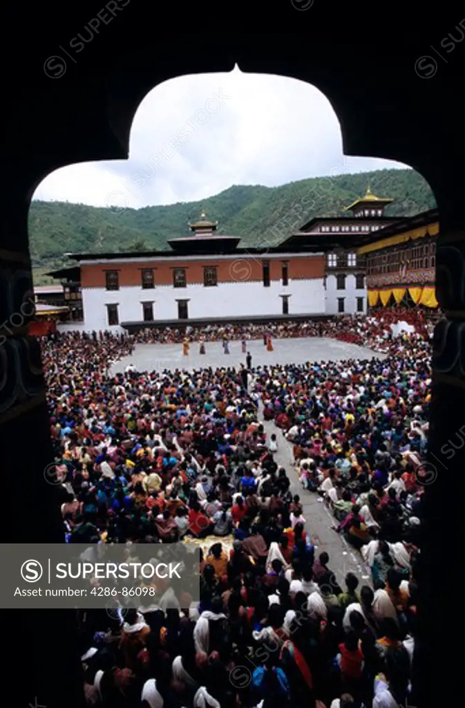 Tsechu (festival) seen from the window of the monks' room, Thimphu, Bhutan
