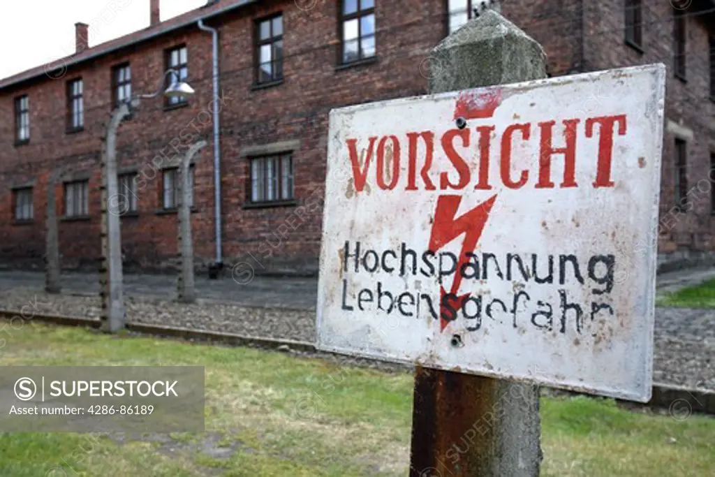 Vorsicht warning sign in nazi concentration camp, Auschwitz II (Birkenau), Poland