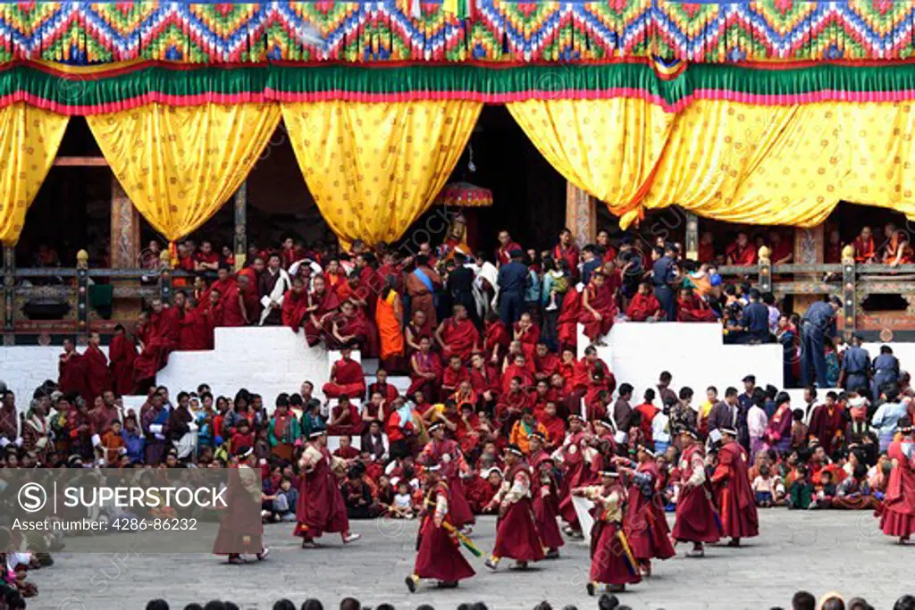 Monks watching the Thimphu Festival (Tsechu), Bhutan