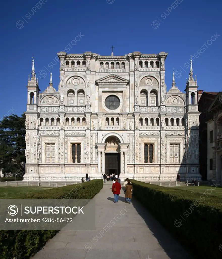 The gothic faade of the Certosa di Pavia, Pavia, Italy