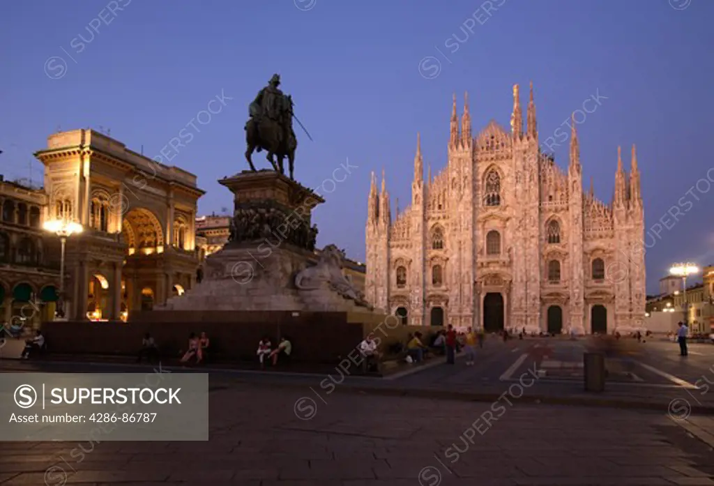Piazza Duomo with Cathedral and Vittorio Emanuele equestrian monument, Milan, Italy