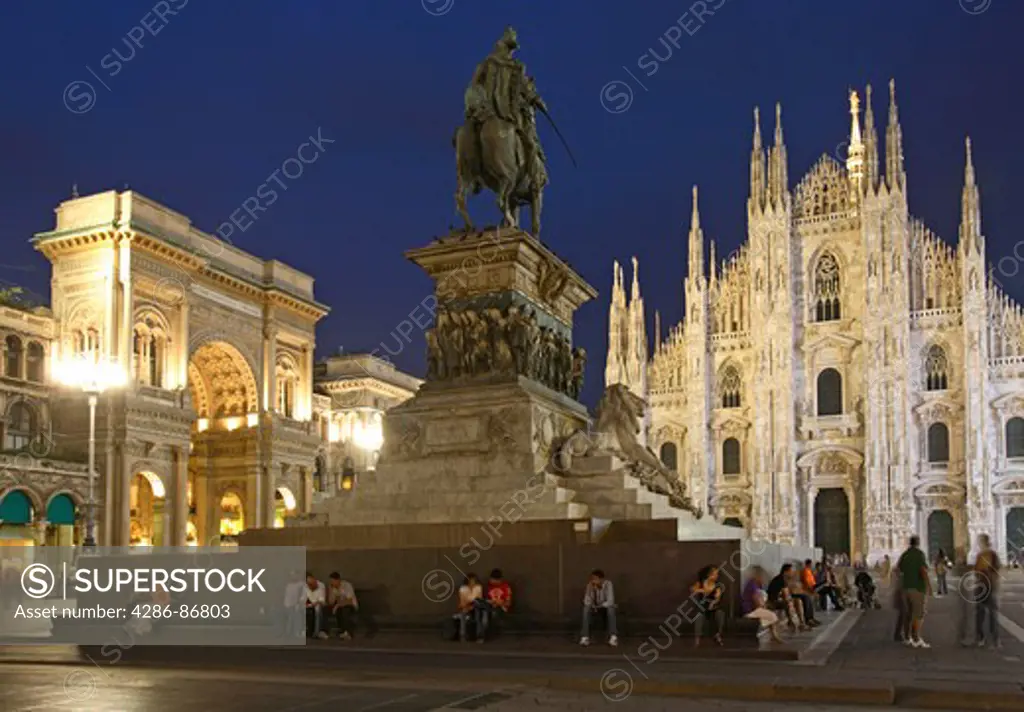 Piazza Duomo with Cathedral and Vittorio Emanuele equestrian monument, Milan, Italy