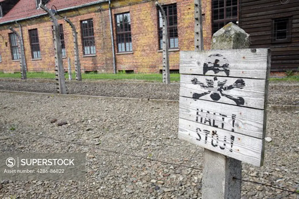 Halt warning sign in Auschwitz nazi concentration camp, Poland