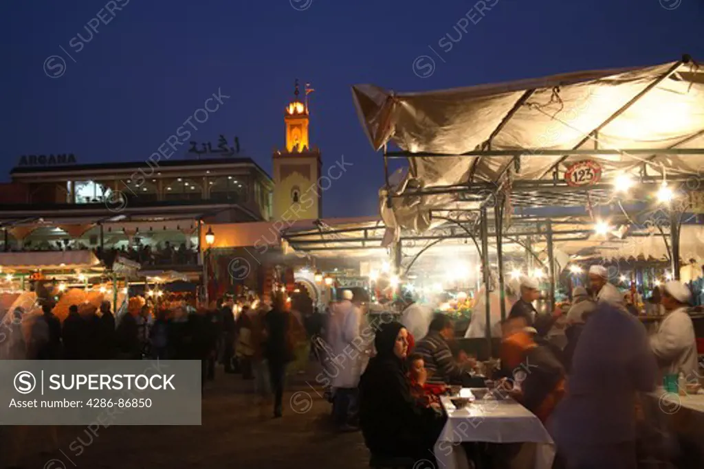 Food stalls in Djemaa el fna square at sunset, Marrakech, Morocco