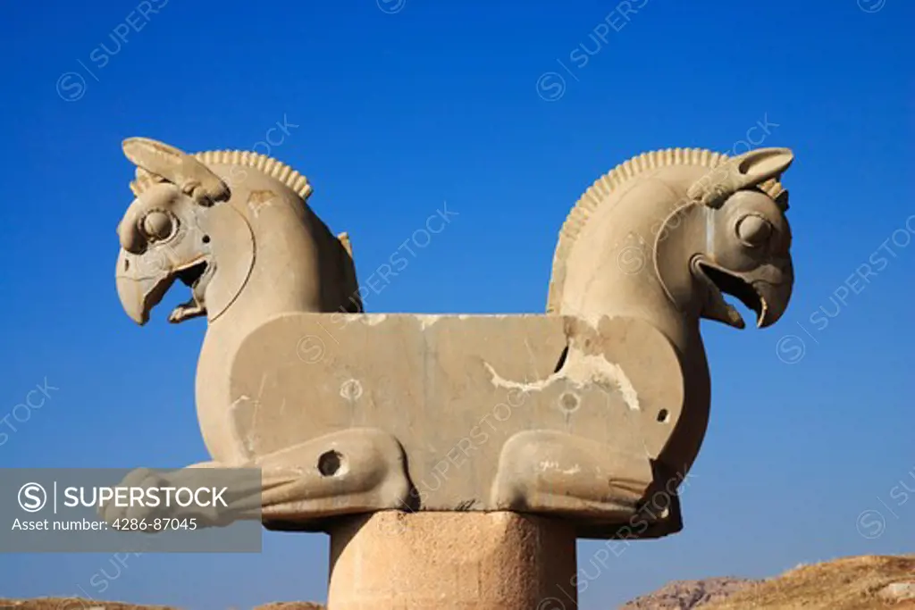 Twin headed griffin-shaped capital at Persepolis archeology site, Iran