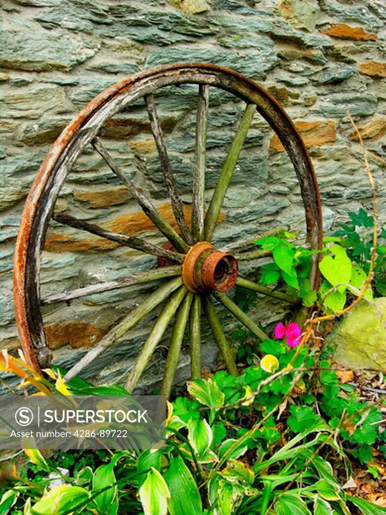 Wagon wheel and garden in Harpers Ferry, WV