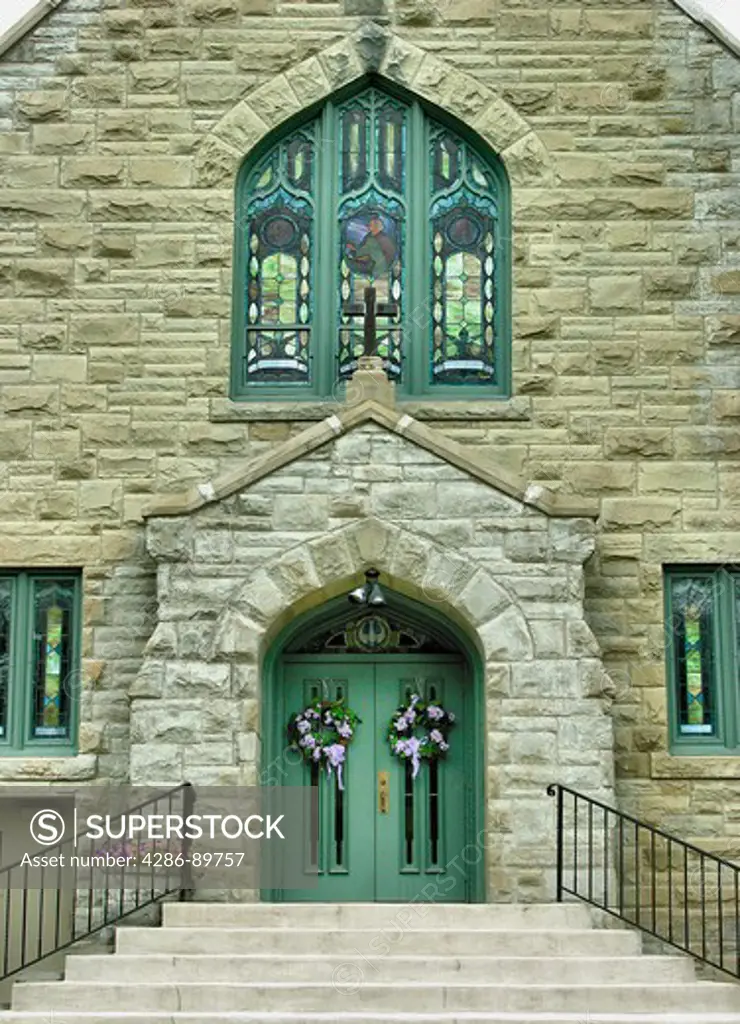 Close-up of doors of a Catholic Church in Hammondsport, New York