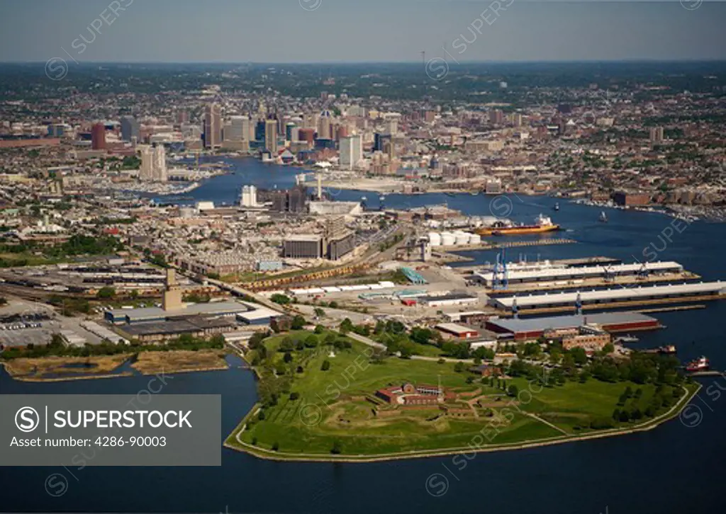 Aerial view of Ft. McHenry and the Baltimore skyline, Baltimore, MD