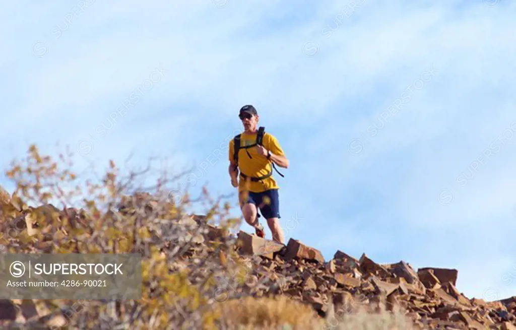 Athletic man running along a high mountain ridge in the High Sierras of California
