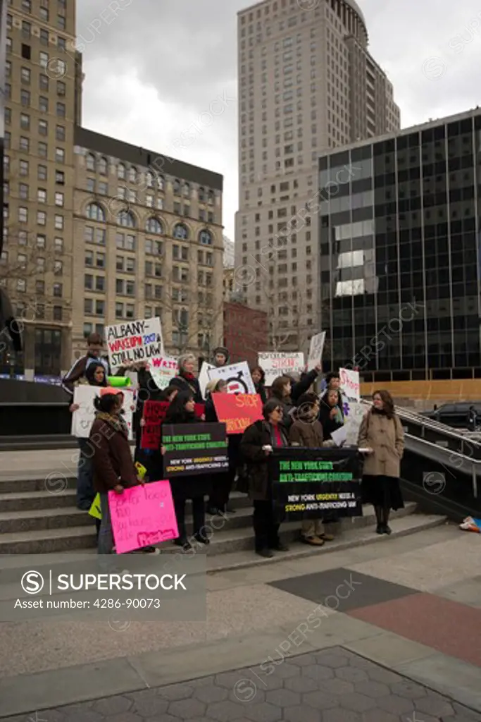 Protests over human trafficking laws outside state courthouse, lower Manhattan, New York
