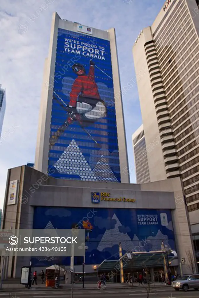Skyscraper wrapped in huge patriotic mural during the 2010 Winter Olympic Games, Vancouver, Canada