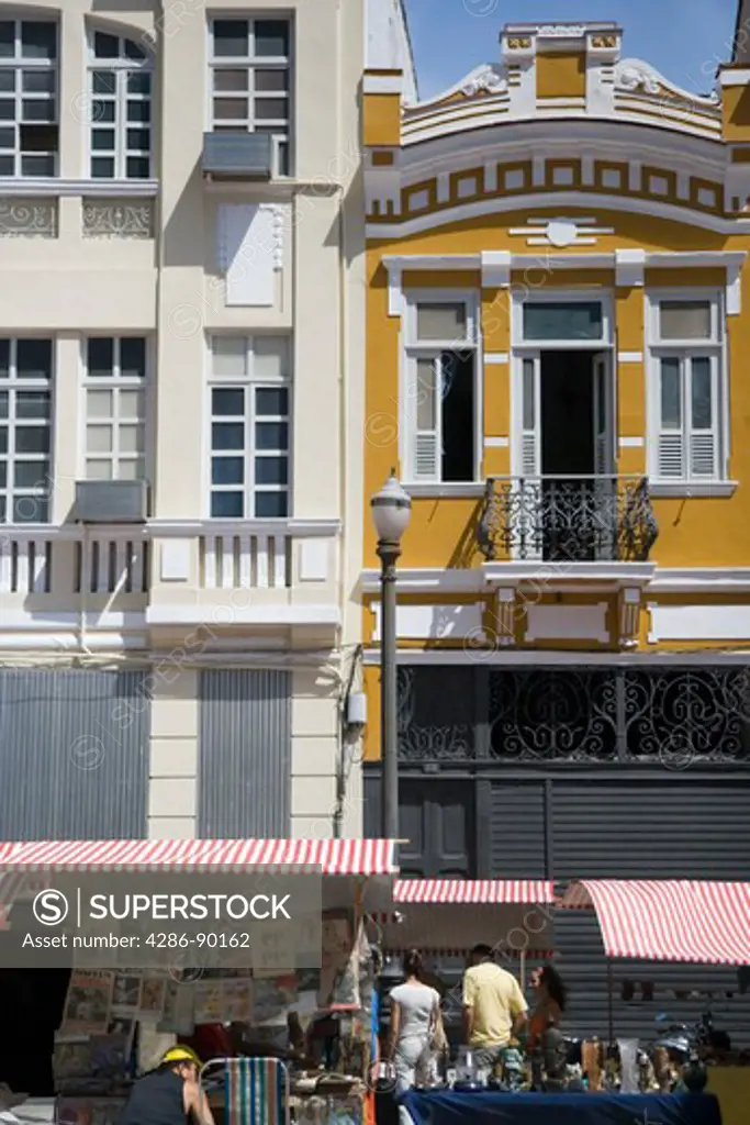 Brazil. Rio de Janeiro. Portugese Colonial Architecture and street market, Lapa district