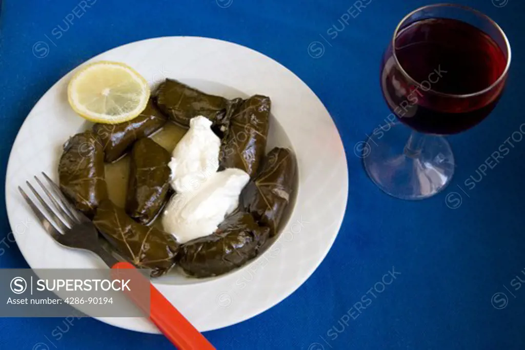 Greek Cuisine. Fresh Dolmades (VIne Leaves) with Yogurt