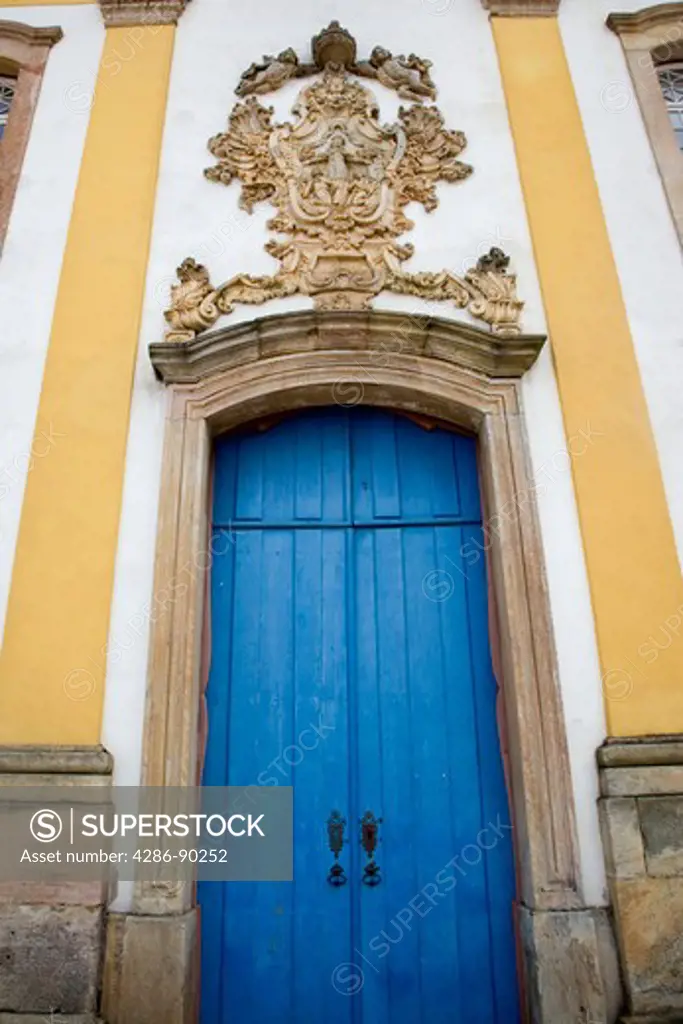 Brazil. Ouro Preto village. Ornate facade and entrance to The Church of Igresa de Sao Francisco de Paula. Unesco World Heritage Site