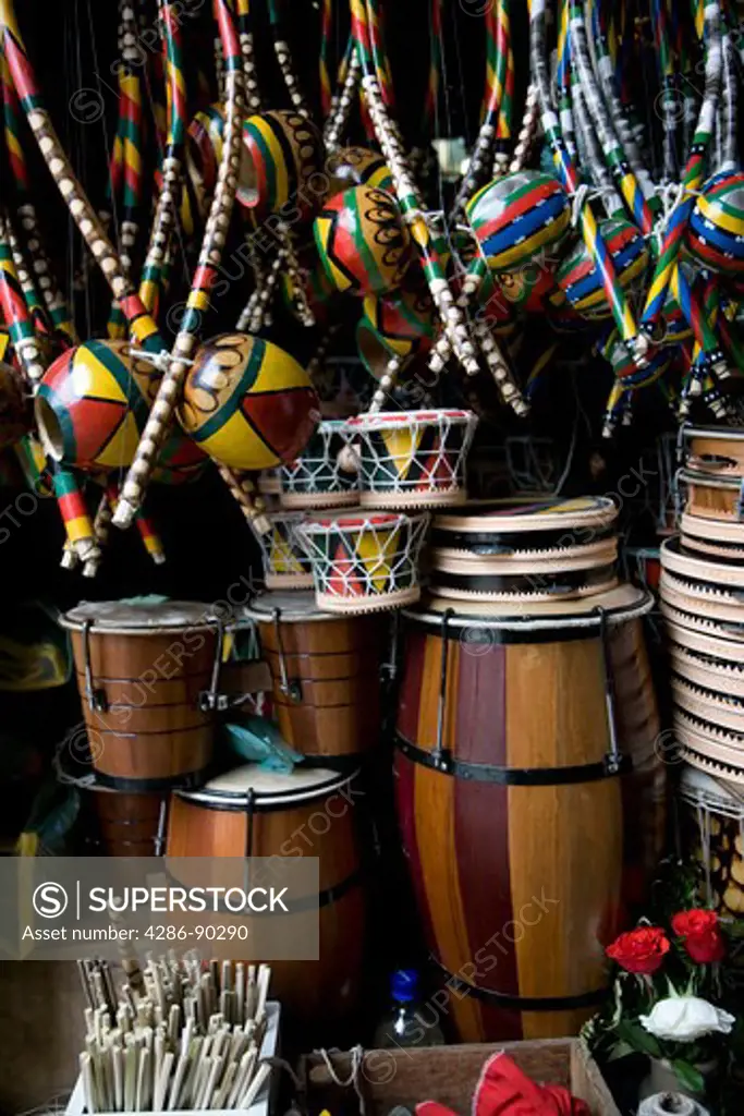Brazil, Salvador, Bahia. Musical Instruments on sale in The Mercado  Modelo Market