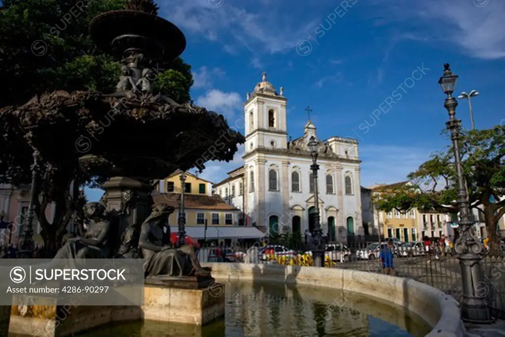 Brazil, Salvador, Bahia. Square XV of November, also known as Terreiro de Jesus because of the Church of the Jesuits (current Cathedral Basilica) And a fountain of French origin (1855),  in cast iron, represents the Ceres goddess, of agriculture.