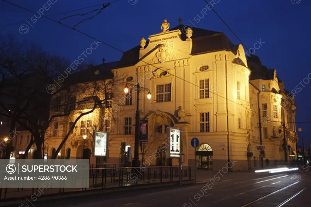 One of Bratislava's most important buildings, the REDUTA Concert Hall illuminated at night. Home to the Slovak Philharmonic, Bratislava, Slovakia