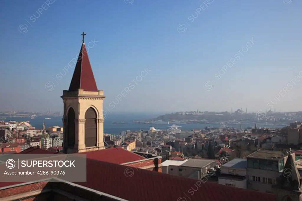 View from The Rooftop Bar of 360 Istanbul Restaurant, showing The Church of St Anthony, Bosphorus Strait and Sea of Marmara. Istanbul, Turkey