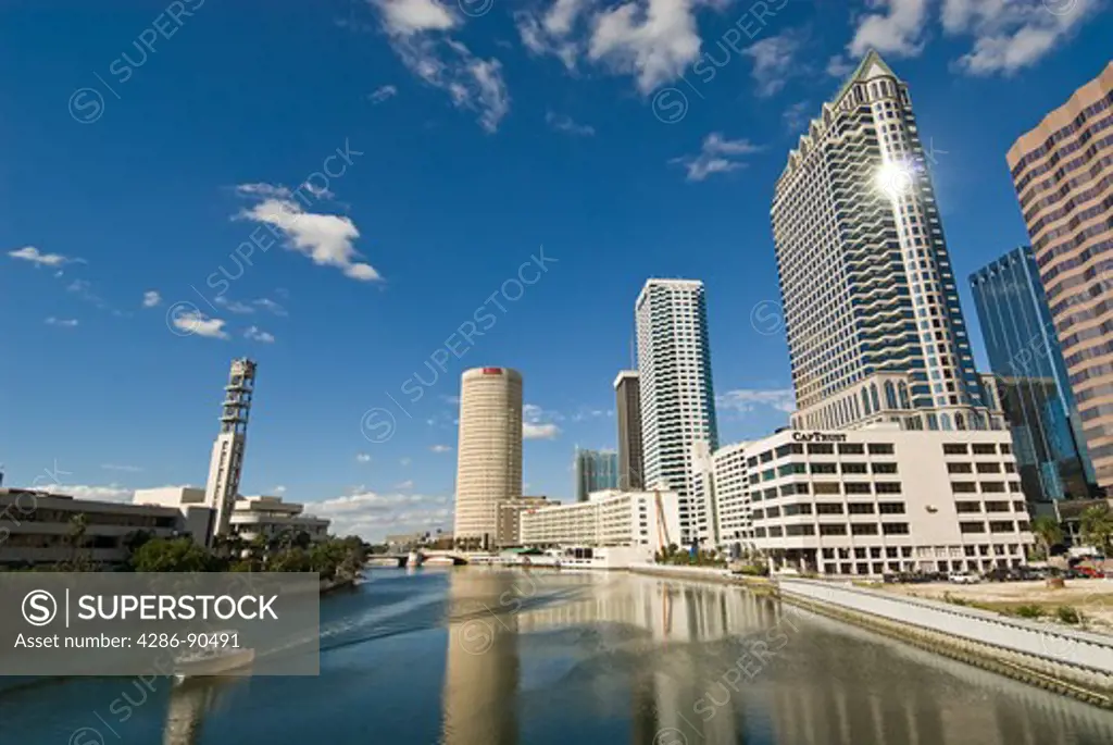 Tampa, Florida, skyline reflects in Hillsborough River at dawn