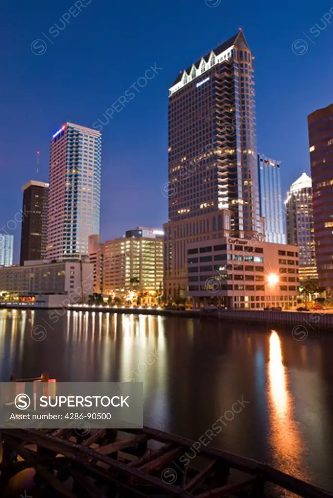 Tampa, Florida, skyline reflecting in Hillsborough River at dusk