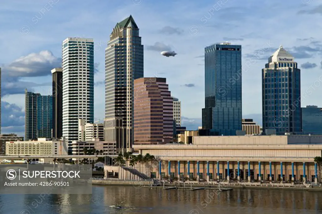 Advertising airship above downtown Tampa, Florida, skyline and Tampa Bay