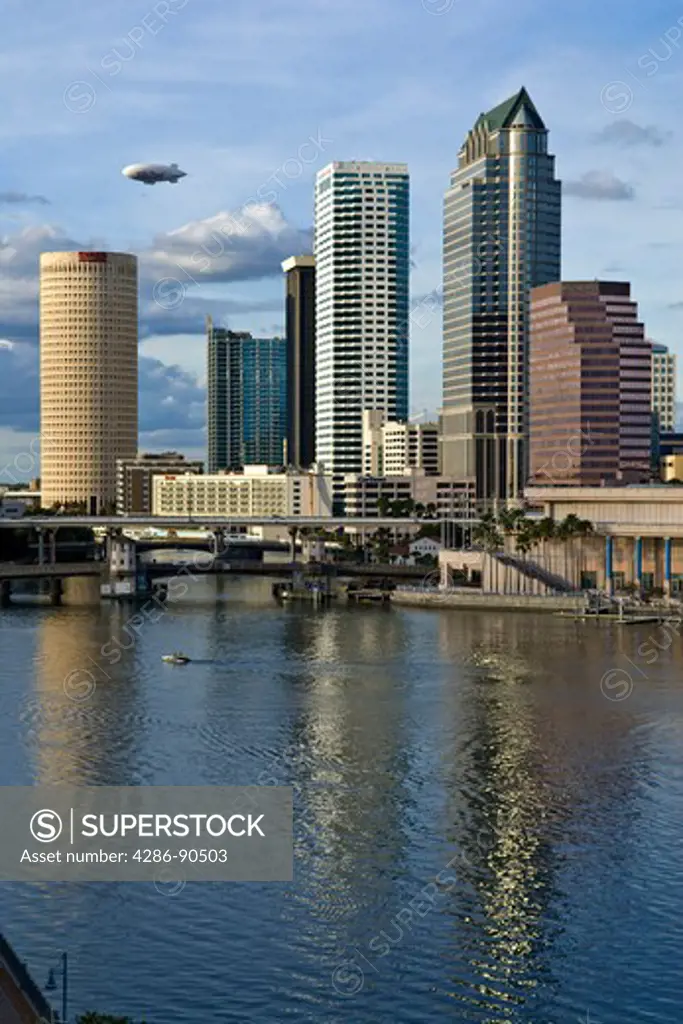 Advertising airship above downtown Tampa, Florida, skyline and Tampa Bay
