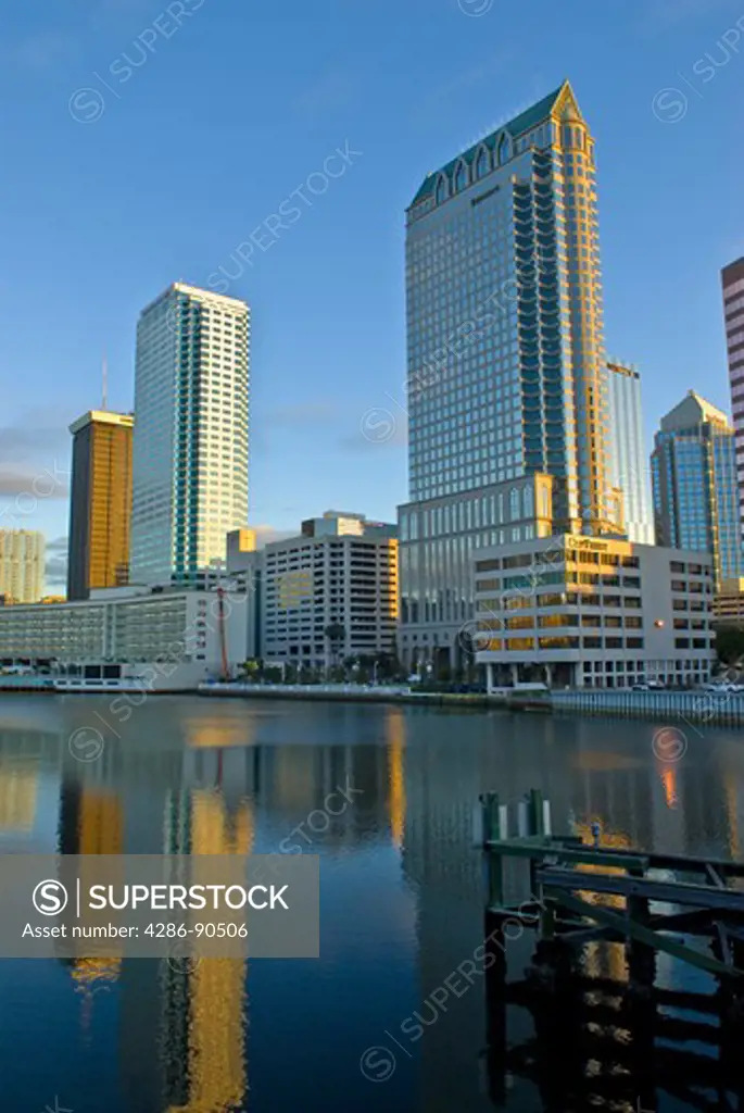 Tampa, Florida, skyline reflects in Hillsborough River at dawn
