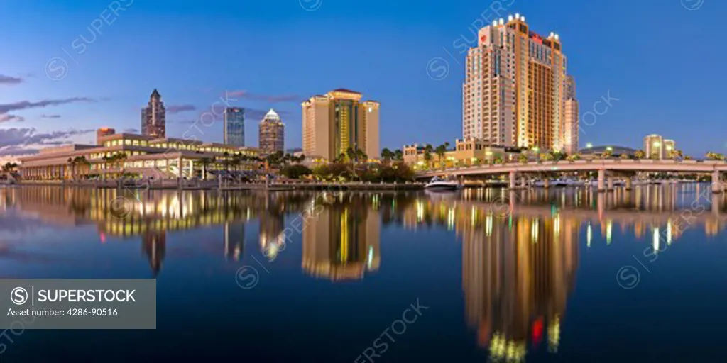 Tampa Convention Center, Florida, hotels and skyline viewed from Harbour Island at dusk