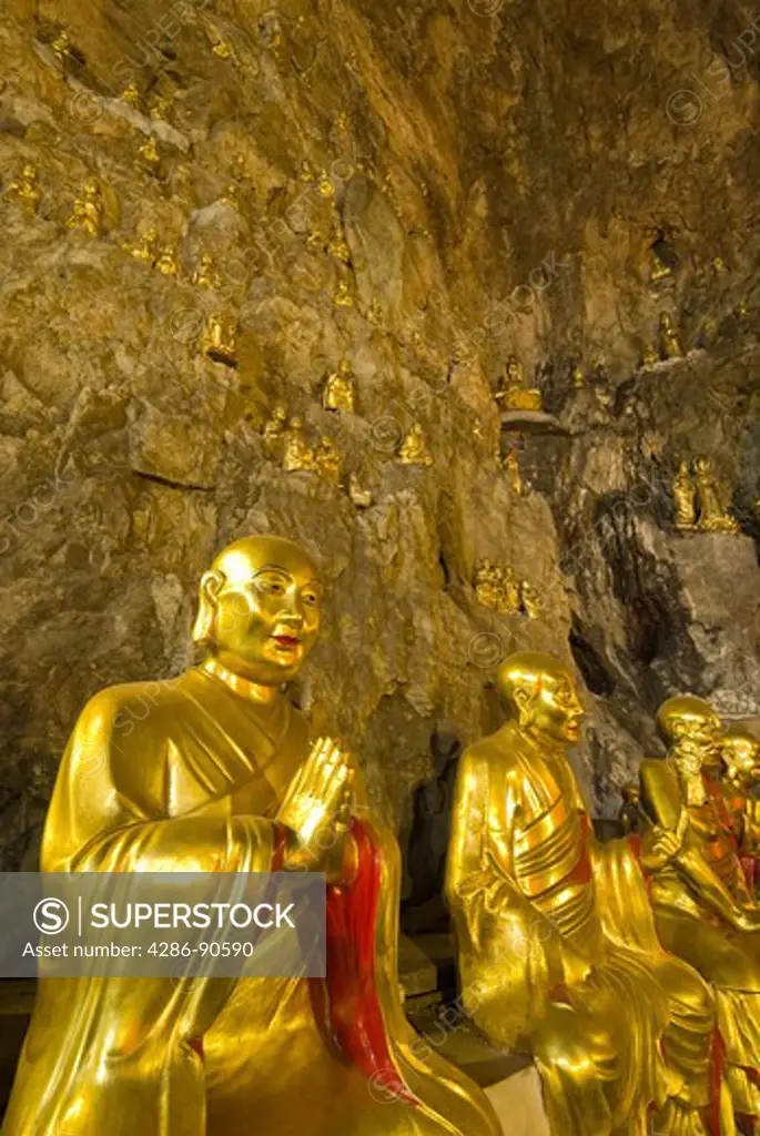 Golden Buddha statues line stone walls of temple cave, Yangdang Mountains, Wenzhou, Zheijiang Province, China