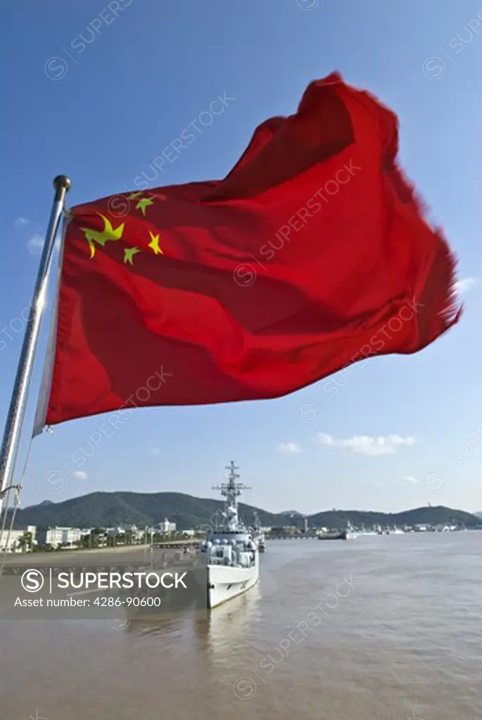 Chinese flag at stern of ferry boat, Zhoushan, Zhejiang Province, China