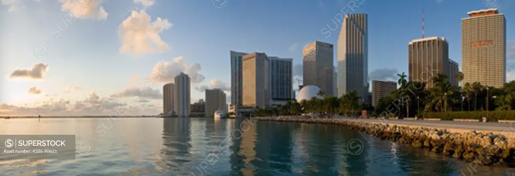 Downtown Miami business district along Biscayne Bay at dawn